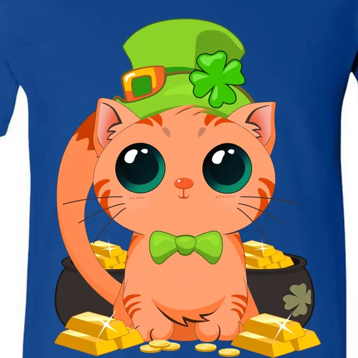 St Patricks Day Lucky Cat Leprechaun Green Shamrock Hat Gift V-Neck T-Shirt