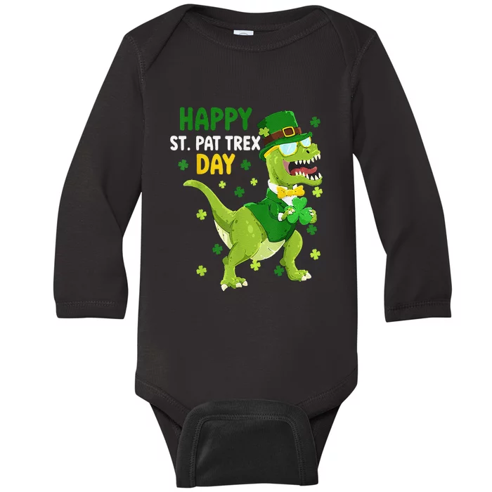 St Patricks Day Leprechaun Dinosaur Dino Happy St Pat Trex Baby Long Sleeve Bodysuit