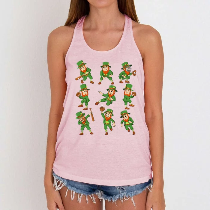 St Patricks Day Funny Leprechaun Baseball Player Women's Knotted Racerback Tank