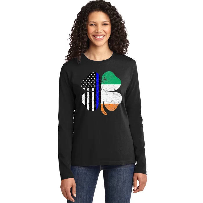 St Patricks Day Thin Blue Line American Irish Flag Police Ladies Long Sleeve Shirt