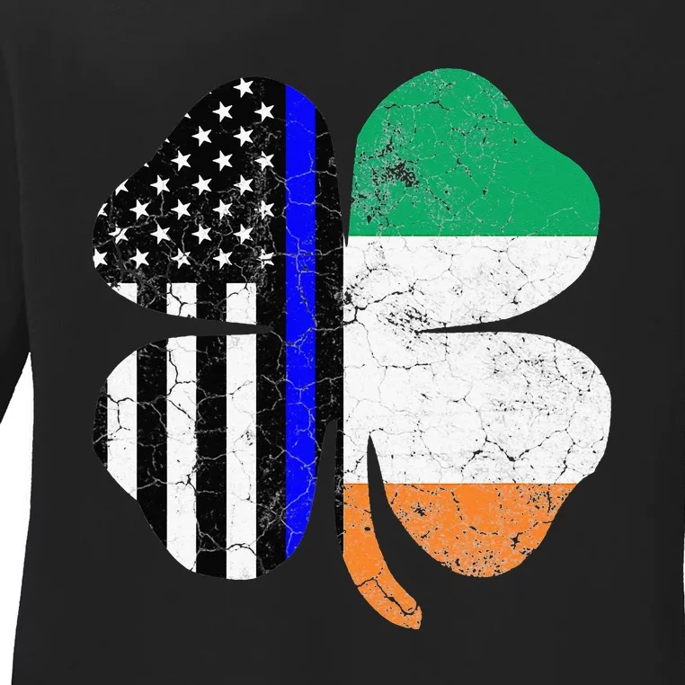 St Patricks Day Thin Blue Line American Irish Flag Police Ladies Long Sleeve Shirt