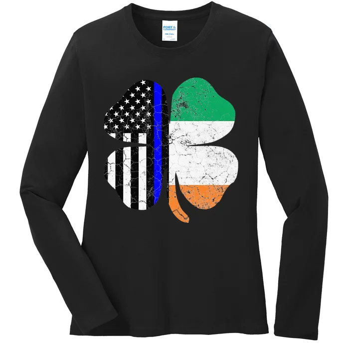 St Patricks Day Thin Blue Line American Irish Flag Police Ladies Long Sleeve Shirt