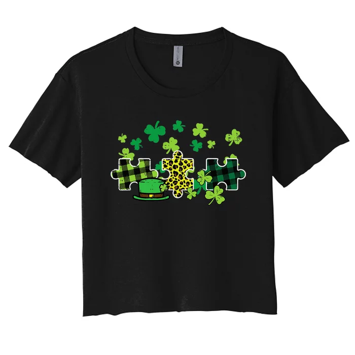 St Patricks Day Autism Puzzle Saint Pattys Women's Crop Top Tee