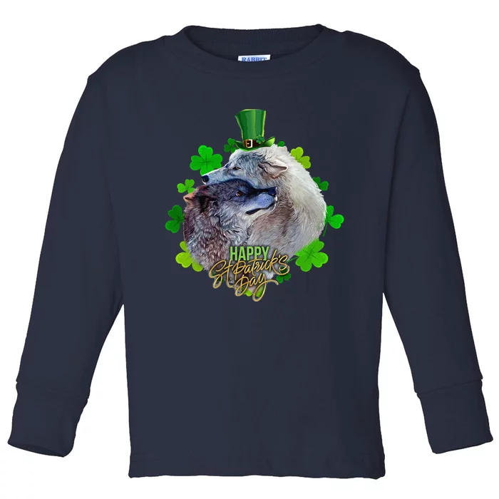 St Patrick's Day Irish Saint Patrick Shamrock Wolf Couple Toddler Long Sleeve Shirt