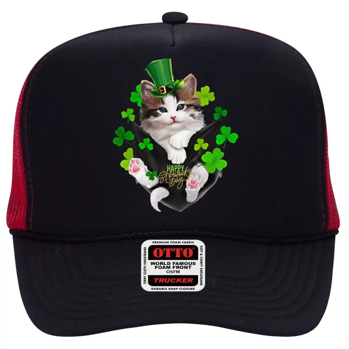 St Patrick's Day Irish Saint Patrick's Shamrock Happy Cat High Crown Mesh Trucker Hat