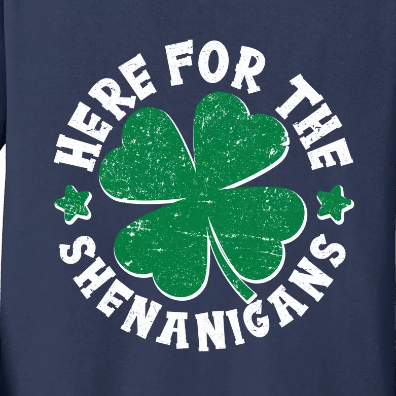 St Patricks Day Here For The Shenanigans Lucky Shamrock Clover Kids Long Sleeve Shirt