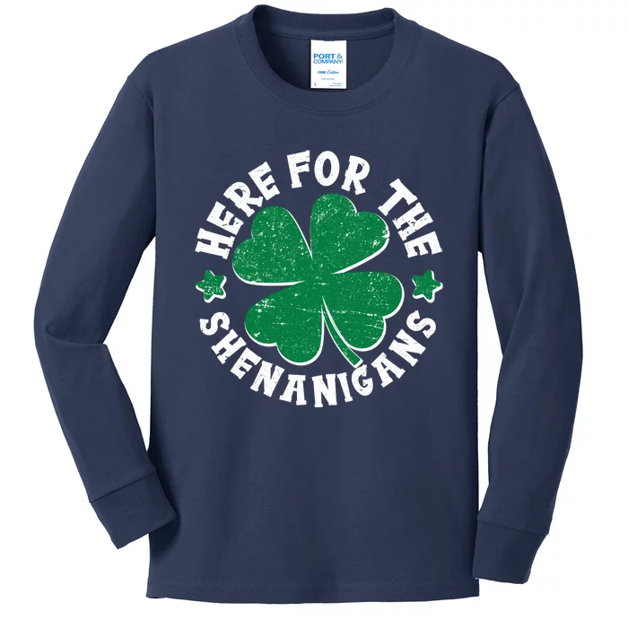 St Patricks Day Here For The Shenanigans Lucky Shamrock Clover Kids Long Sleeve Shirt