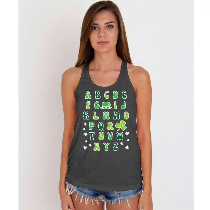 St Patricks Day ABC Alphabet Saint Pattys Paddys Teacher Women's Knotted Racerback Tank