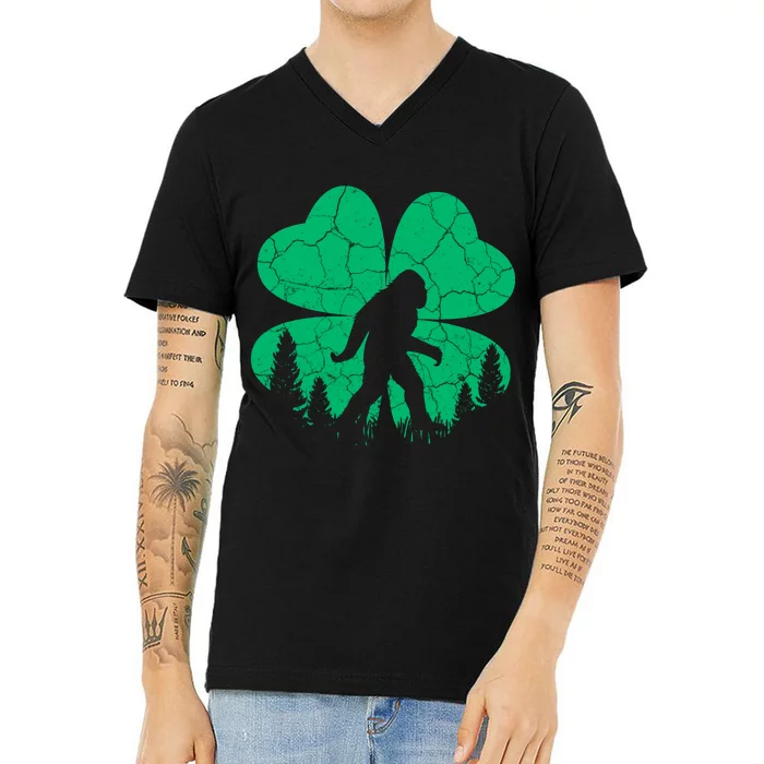 St Patricks Day Bigfoot Sasquatch Irish Clover V-Neck T-Shirt