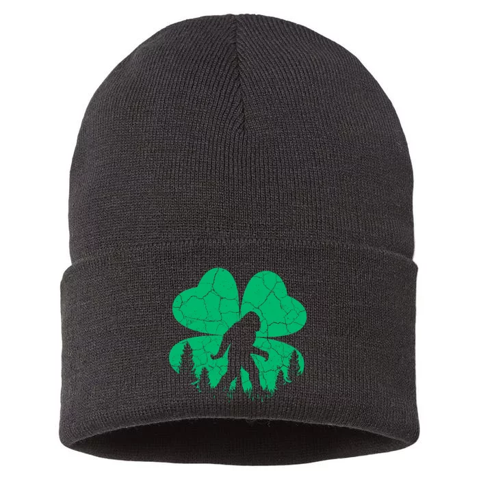 St Patricks Day Bigfoot Sasquatch Irish Clover Sustainable Knit Beanie