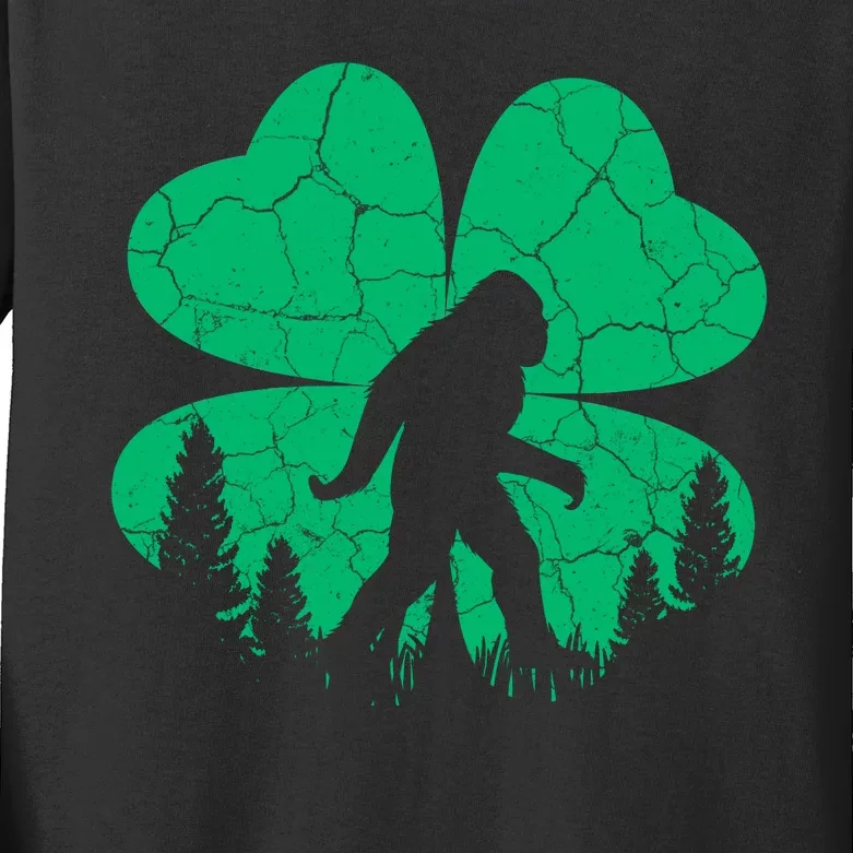 St Patricks Day Bigfoot Sasquatch Irish Clover Kids Long Sleeve Shirt