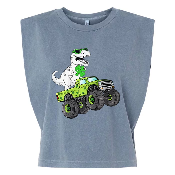 St Patricks Day T Rex Riding Monster Truck Dino Garment-Dyed Women's Muscle Tee