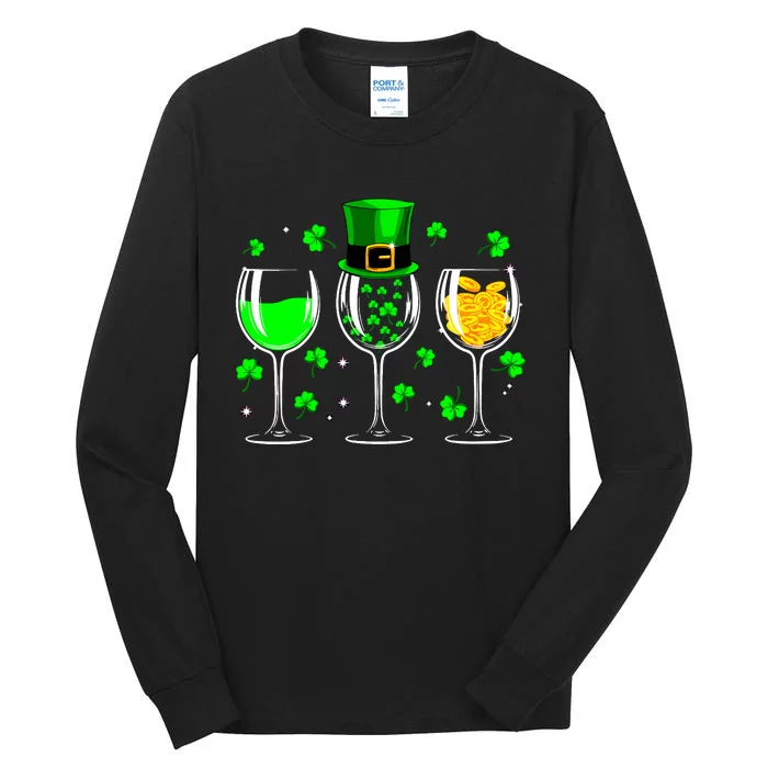 St Patricks Day Wine Cup Leprechaun Shamrock Wine Vneck Tall Long Sleeve T-Shirt