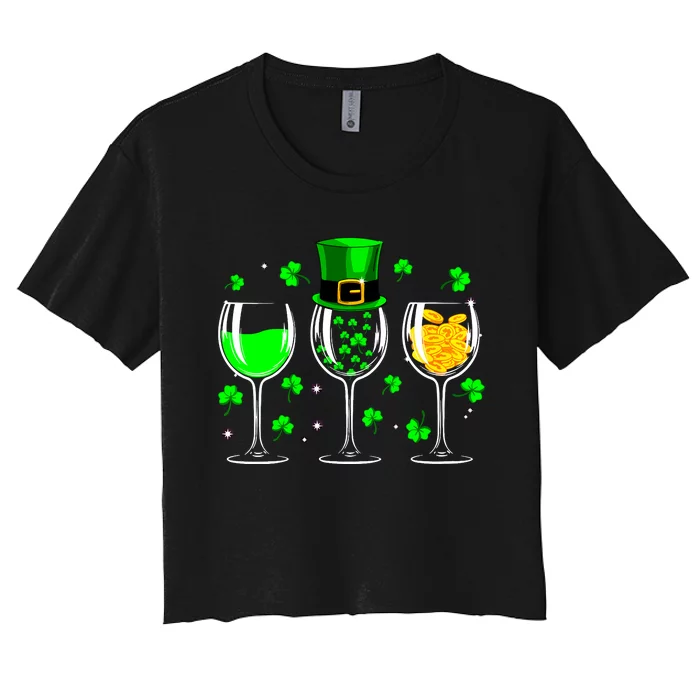 St Patricks Day Wine Cup Leprechaun Shamrock Wine Vneck Women's Crop Top Tee