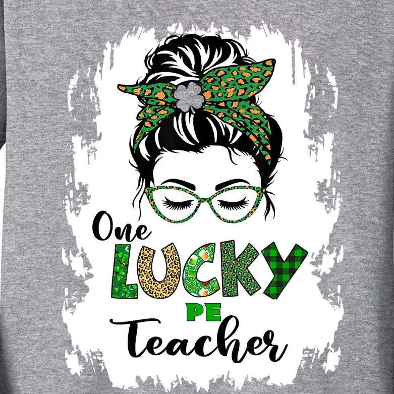 St Patricks Day One Lucky PE Teacher Messy Bun Leopard Kids Long Sleeve Shirt