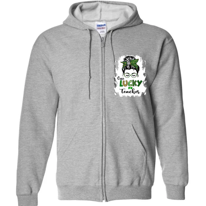 St Patricks Day One Lucky PE Teacher Messy Bun Leopard Full Zip Hoodie