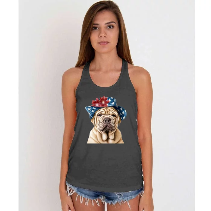 Shar Pei Dog USA Flag Cute Shar Pei Puppy Hat Women's Knotted Racerback Tank