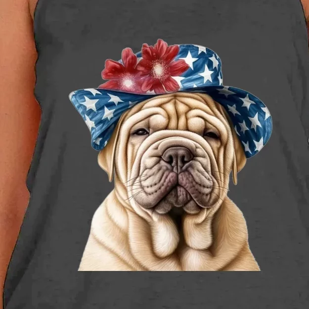 Shar Pei Dog USA Flag Cute Shar Pei Puppy Hat Women's Knotted Racerback Tank