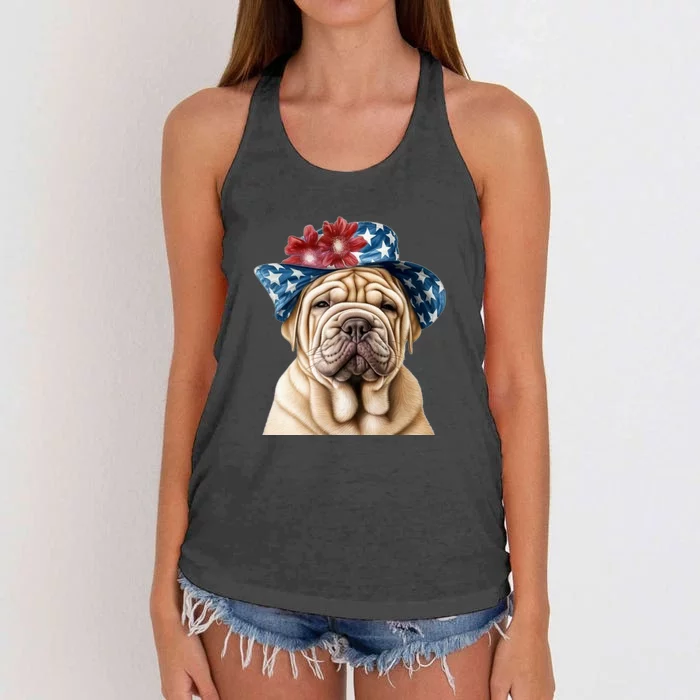 Shar Pei Dog USA Flag Cute Shar Pei Puppy Hat Women's Knotted Racerback Tank