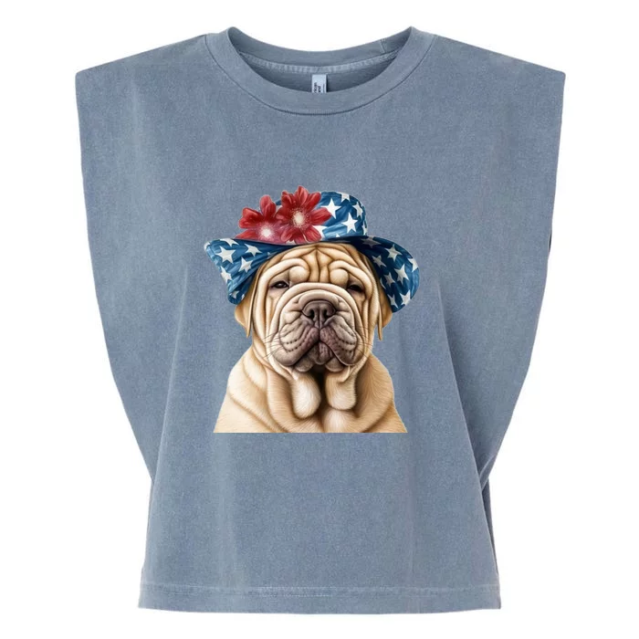 Shar Pei Dog USA Flag Cute Shar Pei Puppy Hat Garment-Dyed Women's Muscle Tee