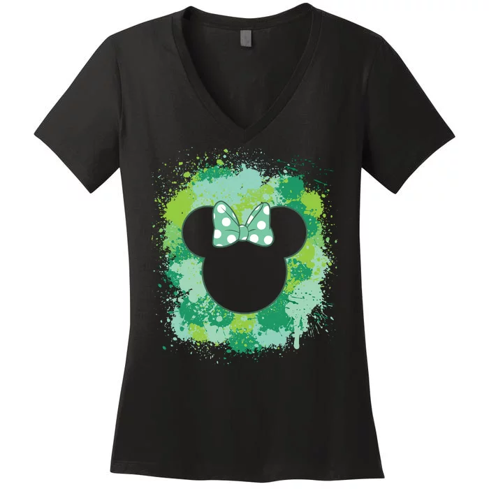 St Patricks Day Green Color Paint Splashes Cute Girly Mouse Women's V-Neck T-Shirt