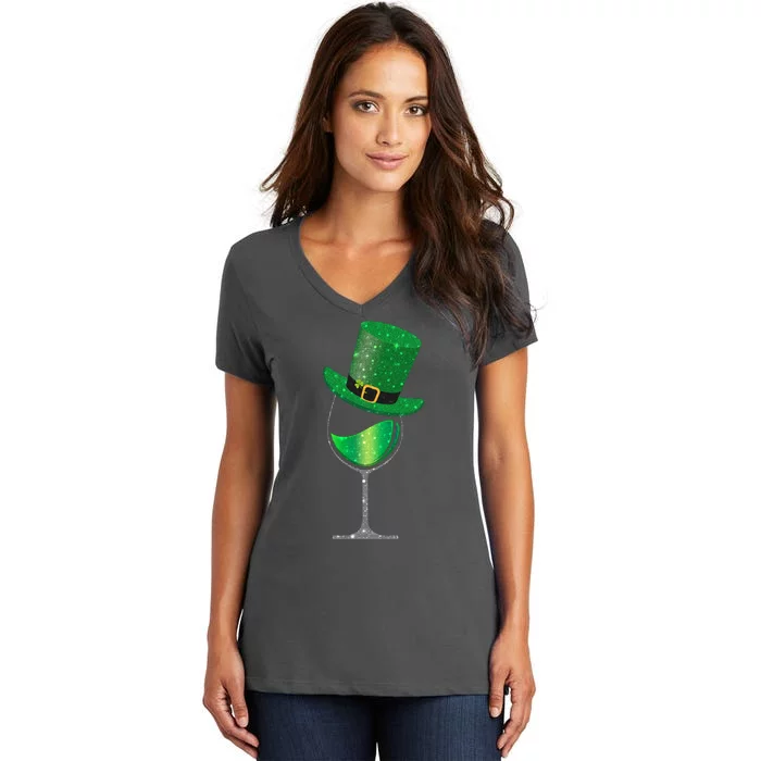 St Patricks Day Lucky Sparkly Wine Glass Women's V-Neck T-Shirt