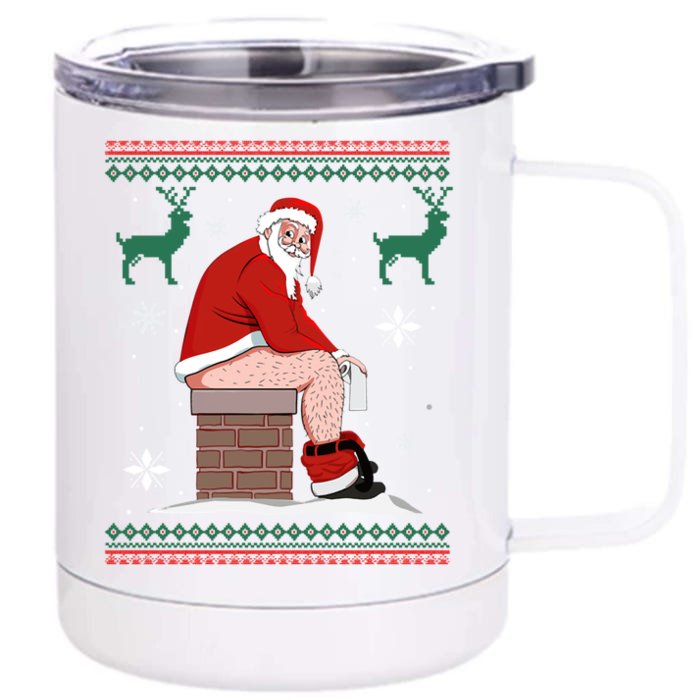 Santa Pooping Down The Chimney Ugly Christmas Sweater Gift Front & Back 12oz Stainless Steel Tumbler Cup