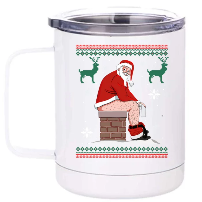 Santa Pooping Down The Chimney Ugly Christmas Sweater Gift Front & Back 12oz Stainless Steel Tumbler Cup