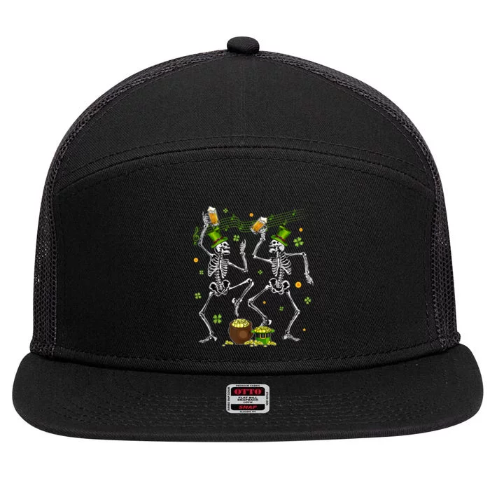 St PatrickS Day Funny Dancing Skeletons Leprechaun Drinking Beer Gift 7 Panel Mesh Trucker Snapback Hat