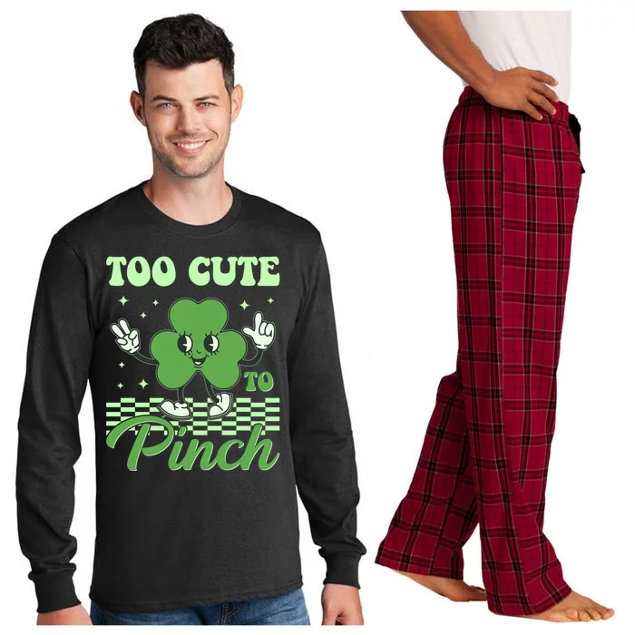 St Patricks Day Too Cute To Pinch Retro Cartoon Shamrock Clover Long Sleeve Pajama Set