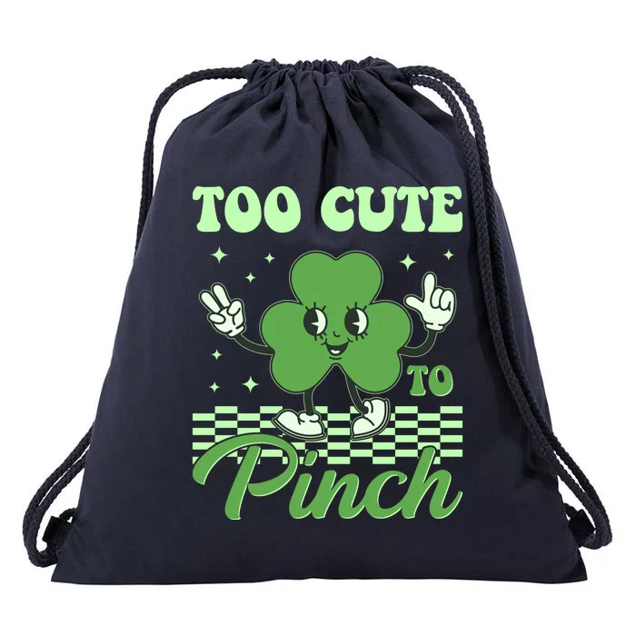 St Patricks Day Too Cute To Pinch Retro Cartoon Shamrock Clover Drawstring Bag