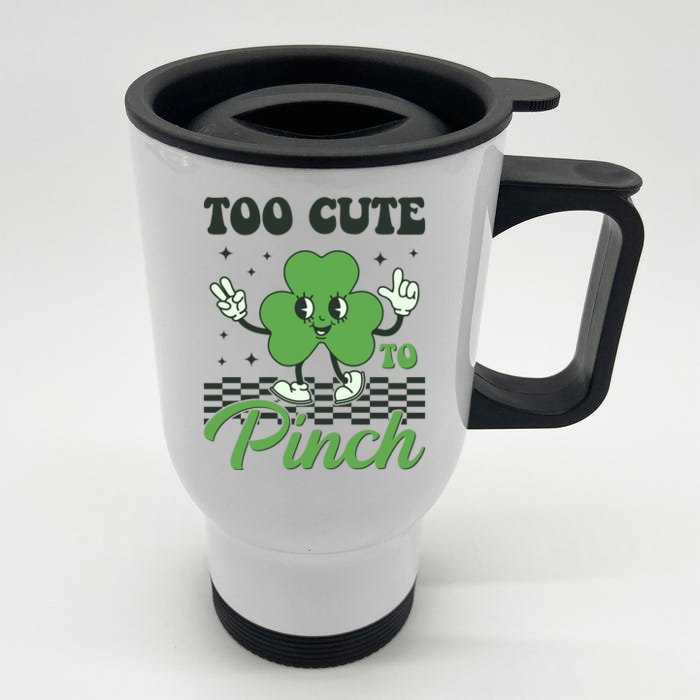 St Patricks Day Too Cute To Pinch Retro Cartoon Shamrock Clover Front & Back Stainless Steel Travel Mug