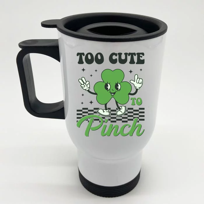 St Patricks Day Too Cute To Pinch Retro Cartoon Shamrock Clover Front & Back Stainless Steel Travel Mug