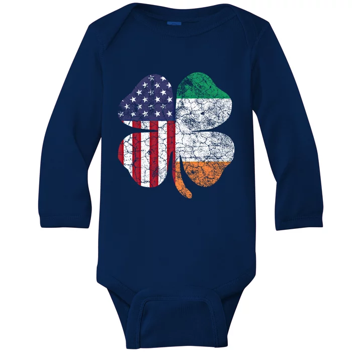 St Patricks Day Irish American Flag Ireland Shamrock Paddys Funny Gift Baby Long Sleeve Bodysuit