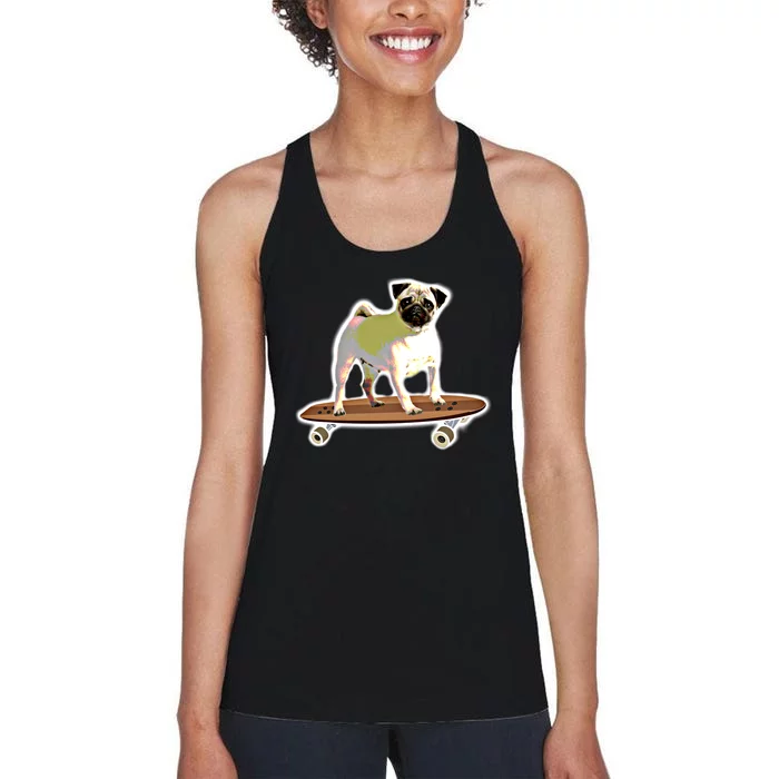 Skateboarding Pug Dog Riding Skateboard Skater Gift Women's Racerback Tank