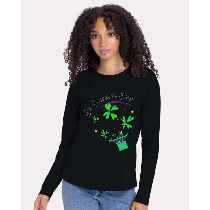 St. Patrick's Day Gift Cool Hat Illustration Shamrock Womens Cotton Relaxed Long Sleeve T-Shirt