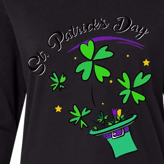 St. Patrick's Day Gift Cool Hat Illustration Shamrock Womens Cotton Relaxed Long Sleeve T-Shirt