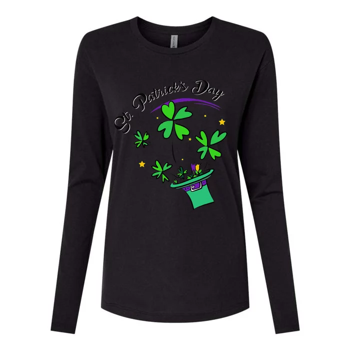 St. Patrick's Day Gift Cool Hat Illustration Shamrock Womens Cotton Relaxed Long Sleeve T-Shirt