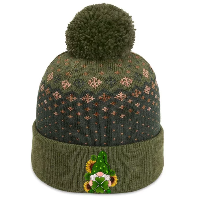 St Patrick's Day Cute Gnomes Holding Shamrock Sunflower The Baniff Cuffed Pom Beanie