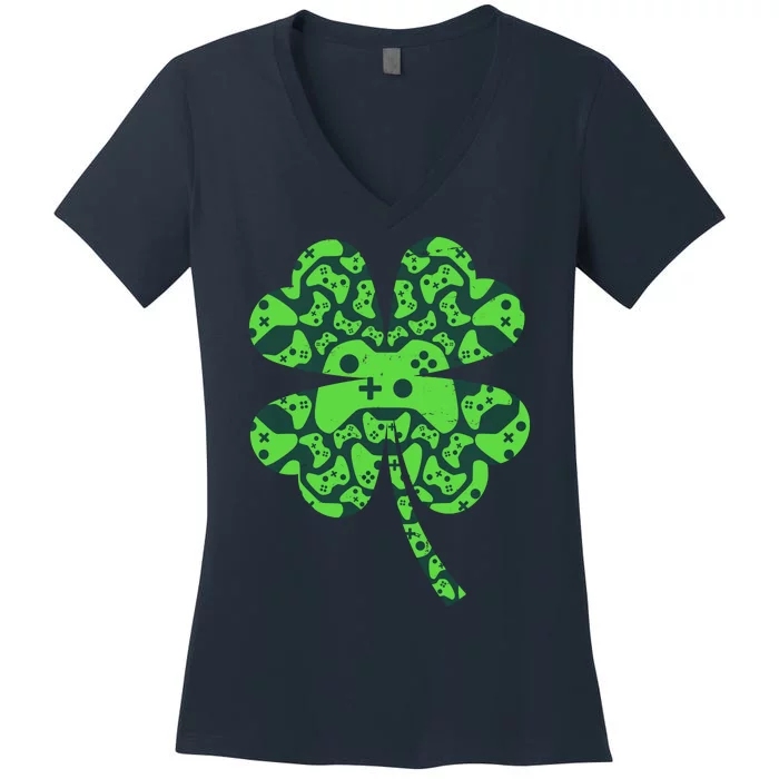 St Patricks Day Shamrock Clover Video Game Controllers Gamer Women's V-Neck T-Shirt