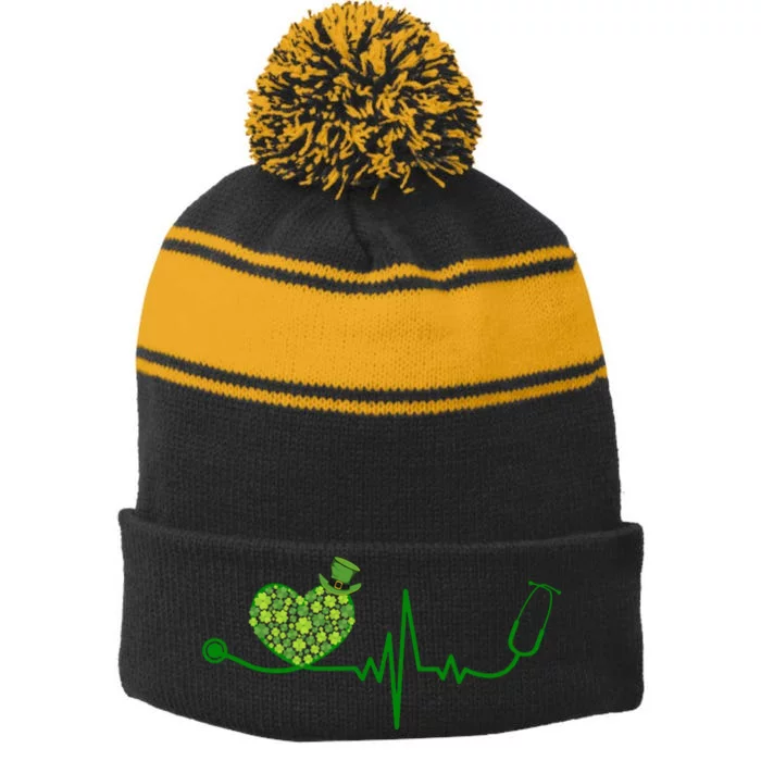 St Patricks Day Heartbeat Nurse Stripe Pom Pom Beanie