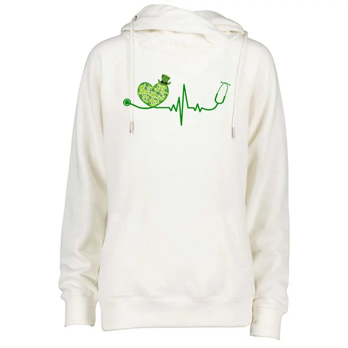 St Patricks Day Heartbeat Nurse Womens Funnel Neck Pullover Hood