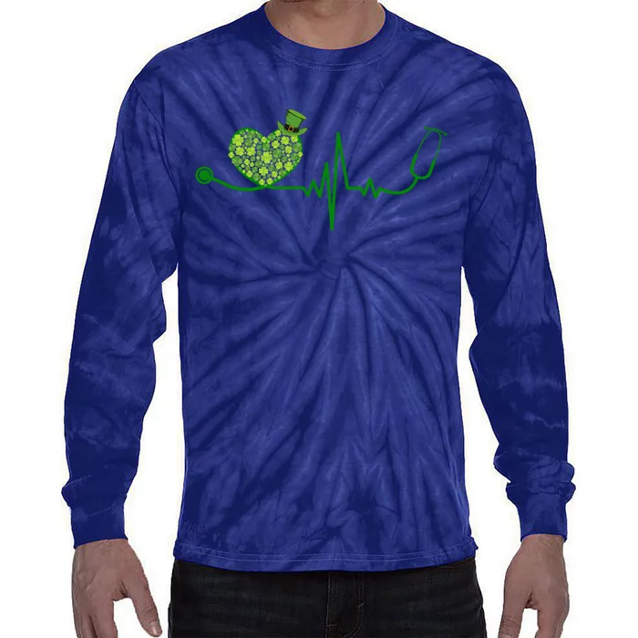 St Patricks Day Heartbeat Nurse Tie-Dye Long Sleeve Shirt