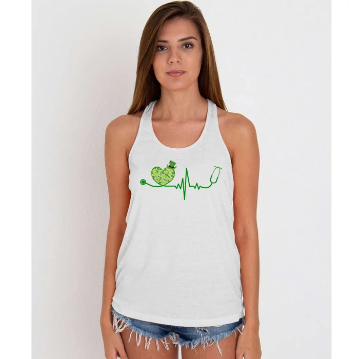 St Patricks Day Heartbeat Nurse Women's Knotted Racerback Tank