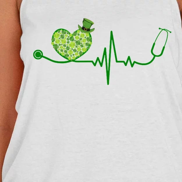 St Patricks Day Heartbeat Nurse Women's Knotted Racerback Tank