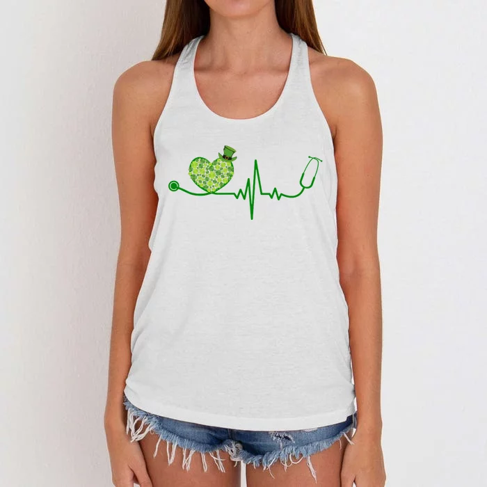 St Patricks Day Heartbeat Nurse Women's Knotted Racerback Tank