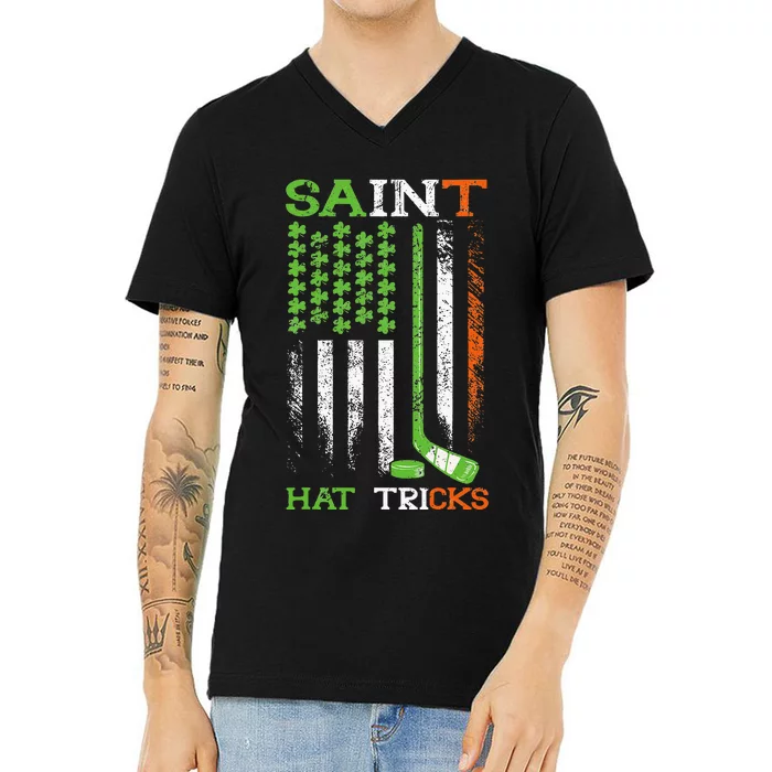 St Patricks Day Saint Hat Tricks Hockey Shamrock V-Neck T-Shirt