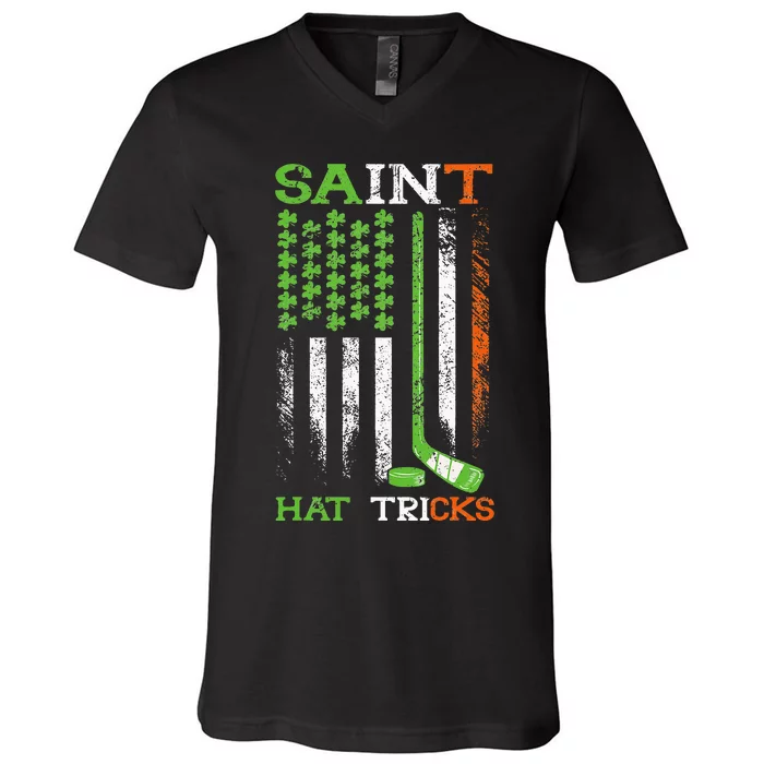 St Patricks Day Saint Hat Tricks Hockey Shamrock V-Neck T-Shirt