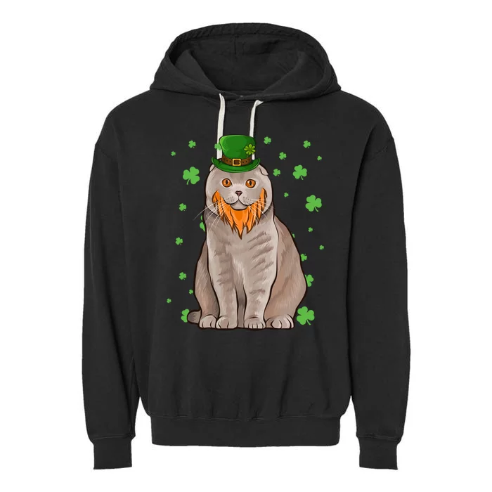 St Patricks Day Scottish Fold Cat Shamrock Gift Great Gift Garment-Dyed Fleece Hoodie