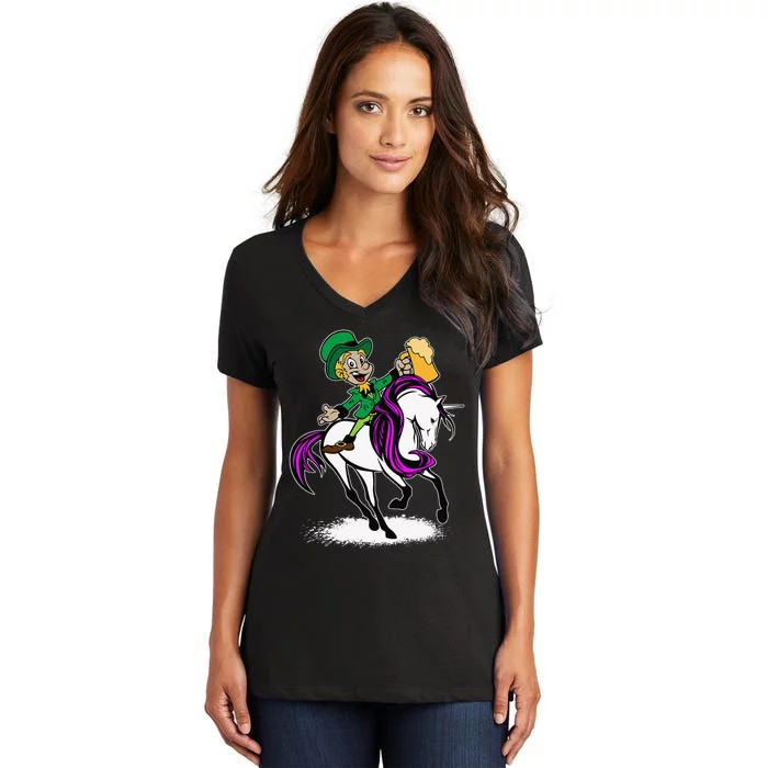 Saint Patrick's Day Leprechaun Riding Unicorn Women's V-Neck T-Shirt